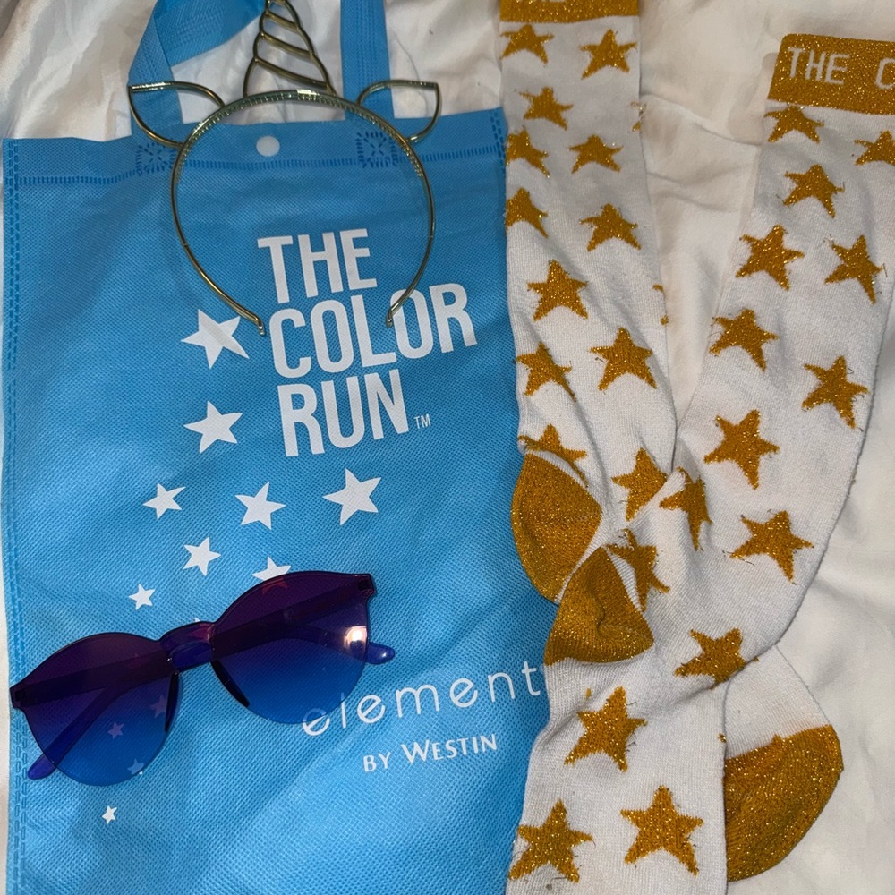 The Color Run Blue Tote, Gold Star Socks, Purple Sunglasses and Unicorn Headband